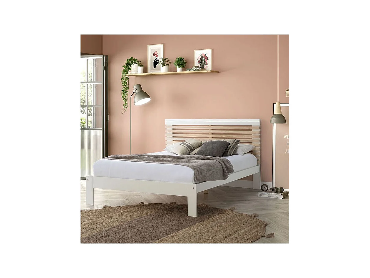 LAUPELL - Lit 140x190cm + Tête de Lit Blanc et Naturel