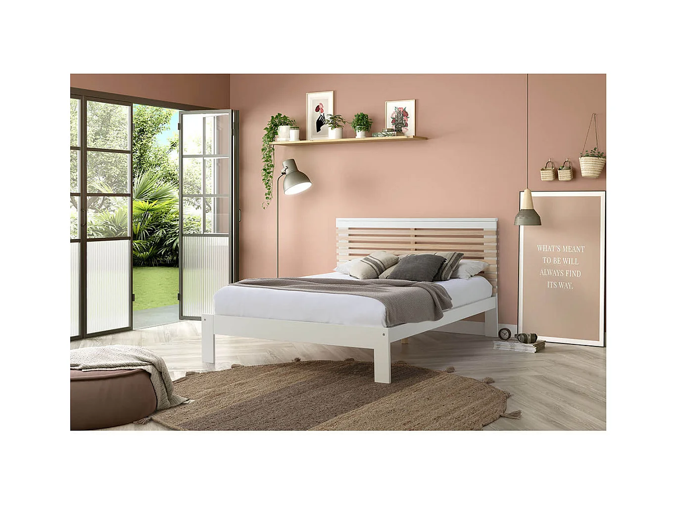 LAUPELL - Lit 140x190cm + Tête de Lit Blanc et Naturel