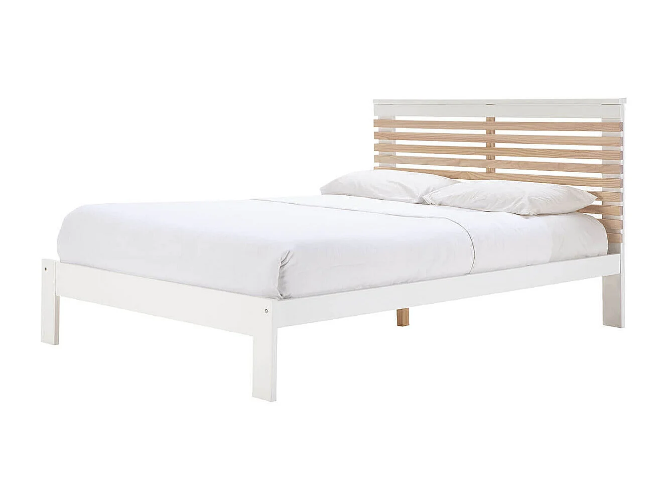 LAUPELL - Lit 140x190cm + Tête de Lit Blanc et Naturel