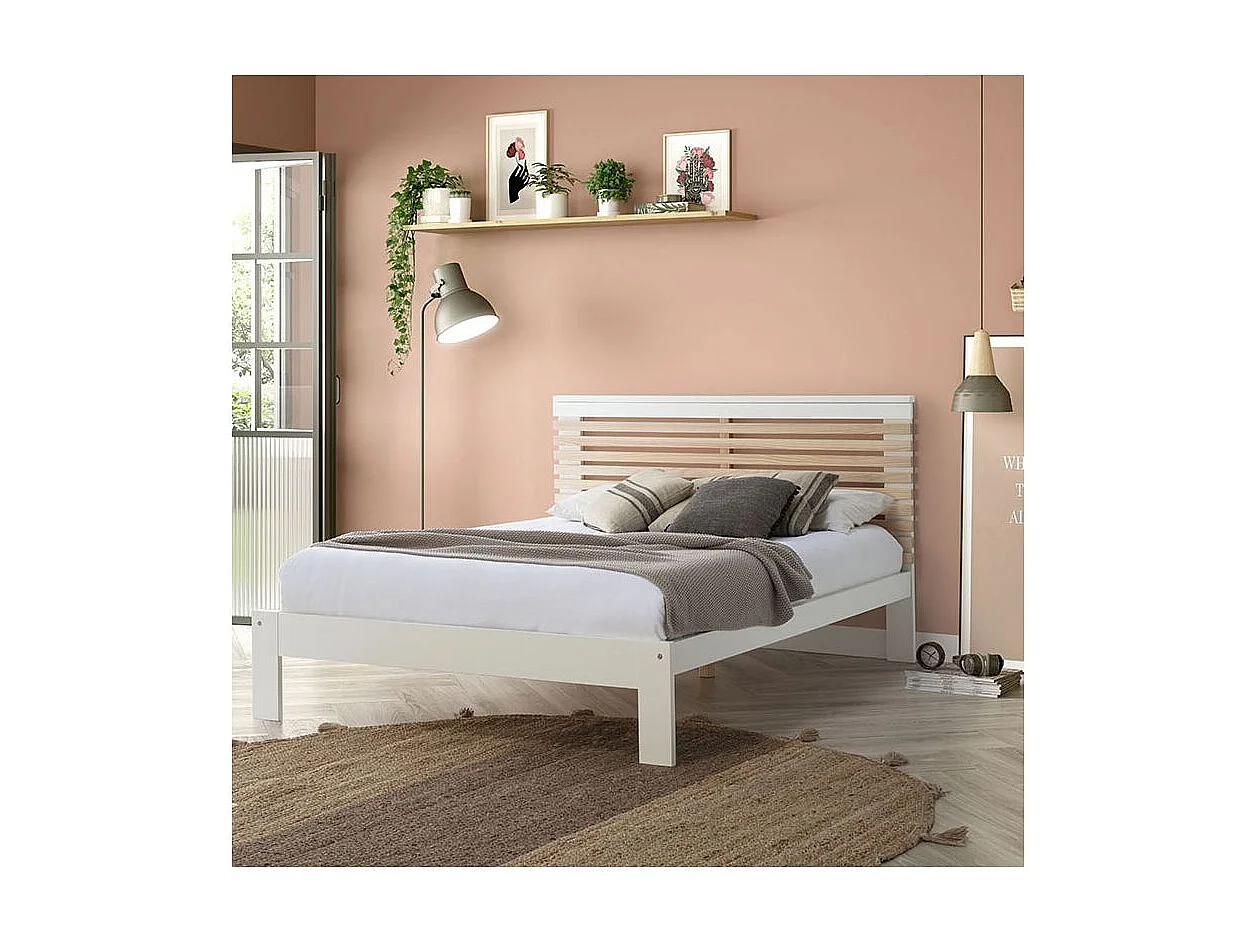 LAUPELL - Lit 140x190cm + Tête de Lit Blanc et Naturel
