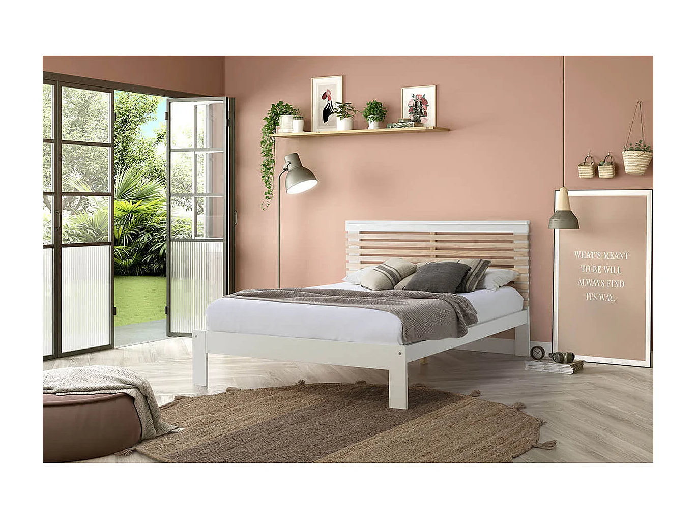 LAUPELL - Lit 140x190cm + Tête de Lit Blanc et Naturel