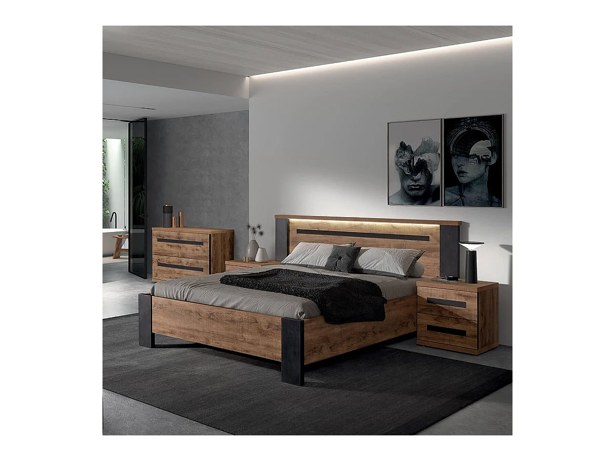 CANDAS - Lit 140x190cm Effet Bois et Béton Anthracite avec Leds