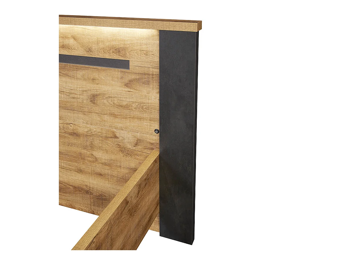 CANDAS - Lit 140x190cm Effet Bois et Béton Anthracite avec Leds