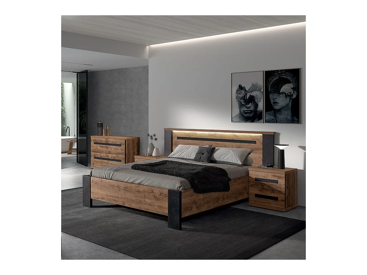 CANDAS - Lit 140x200cm Effet Bois et Béton Anthracite avec Leds