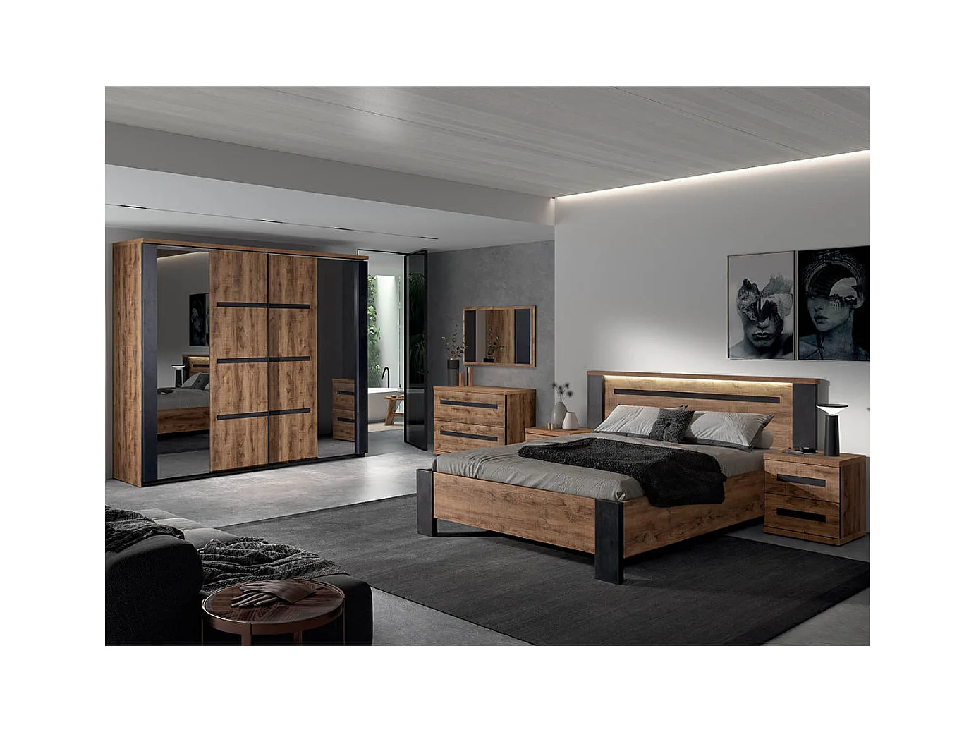 CANDAS - Lit 140x200cm Effet Bois et Béton Anthracite avec Leds