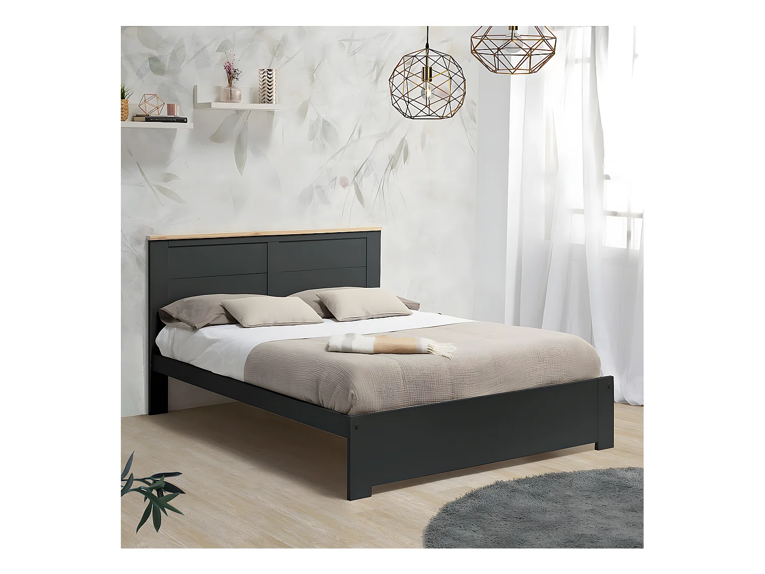 TORI - Lit 140x190cm MDF Gris Anthracite et Pin Massif