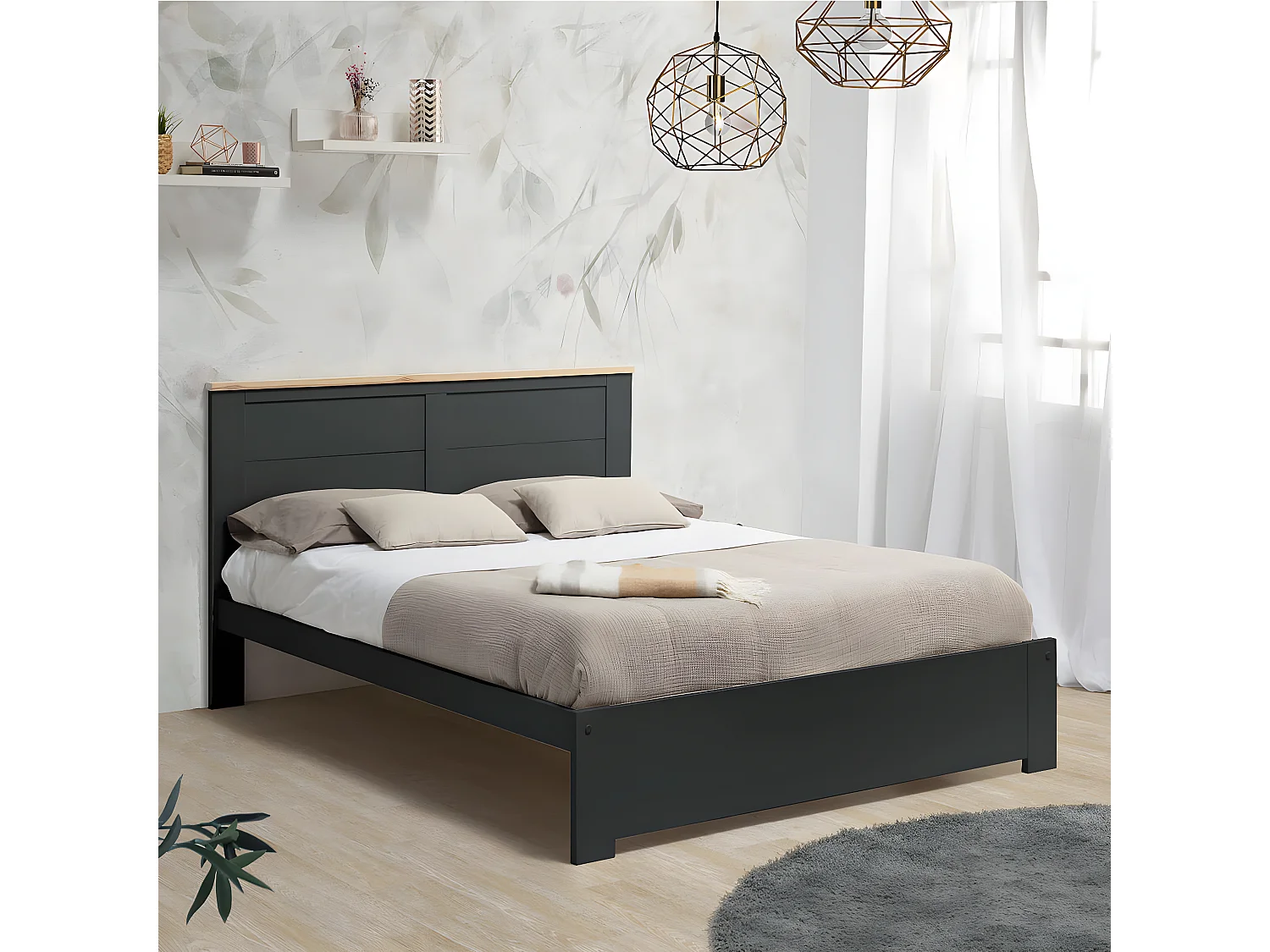 TORI - Lit 140x190cm MDF Gris Anthracite et Pin Massif