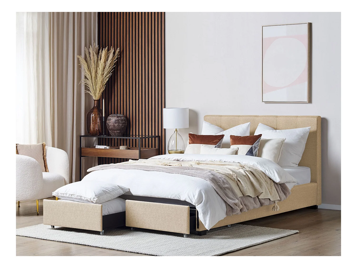 Lit avec tiroirs de rangement Tissu LA ROCHELLE 160 x 200 cm Beige