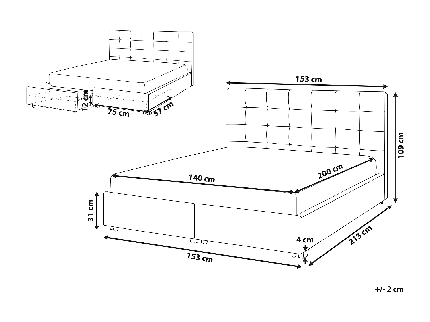 Lit avec tiroirs de rangement Tissu LA ROCHELLE 140 x 200 cm Vert