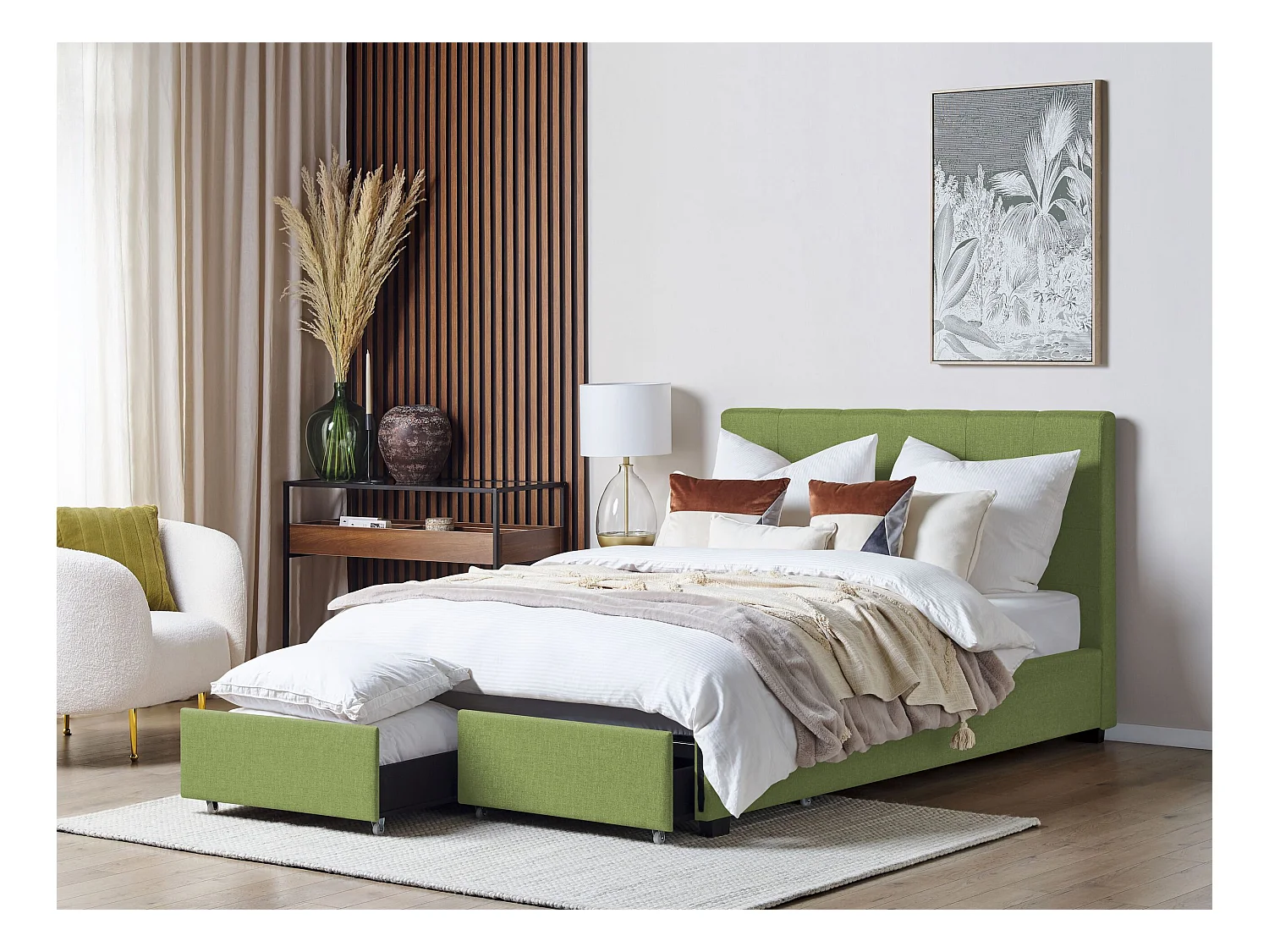Lit avec tiroirs de rangement Tissu LA ROCHELLE 140 x 200 cm Vert