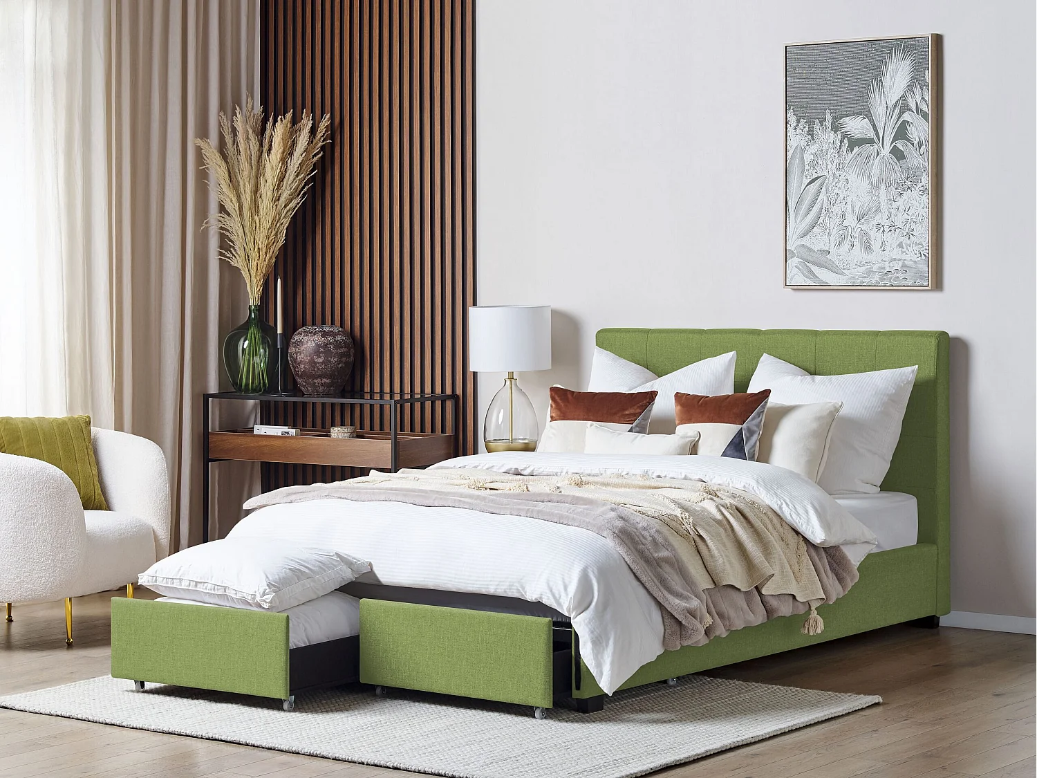 Lit avec tiroirs de rangement Tissu LA ROCHELLE 140 x 200 cm Vert