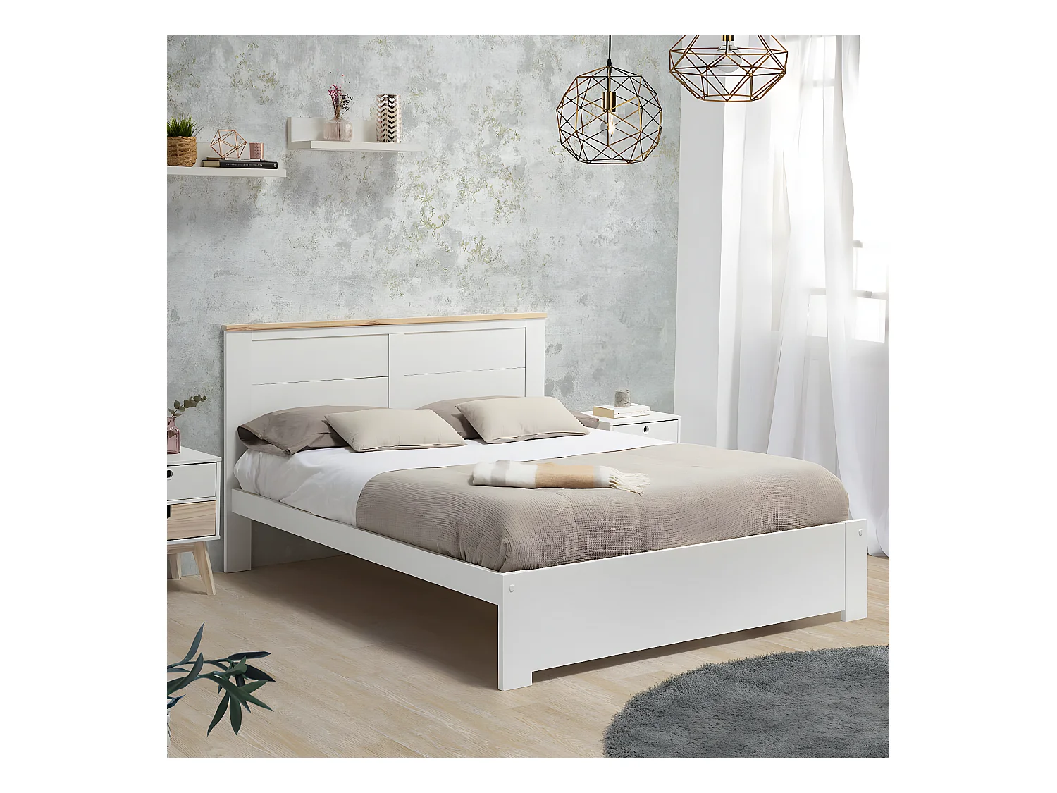 TORI - Lit 140x190cm MDF Blanc et Pin Massif