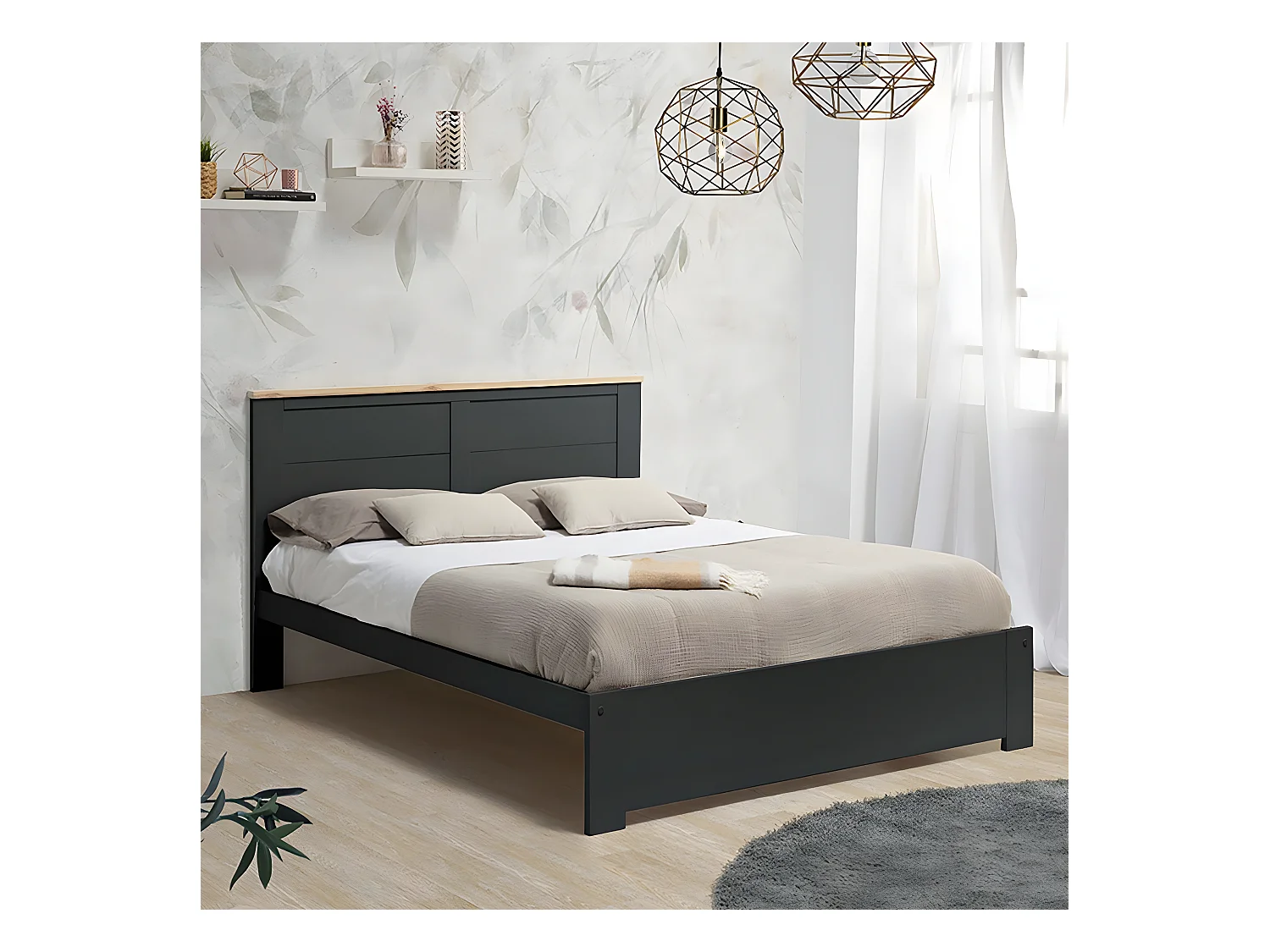 TORI - Lit 160x200cm MDF Gris Anthracite et Pin Massif