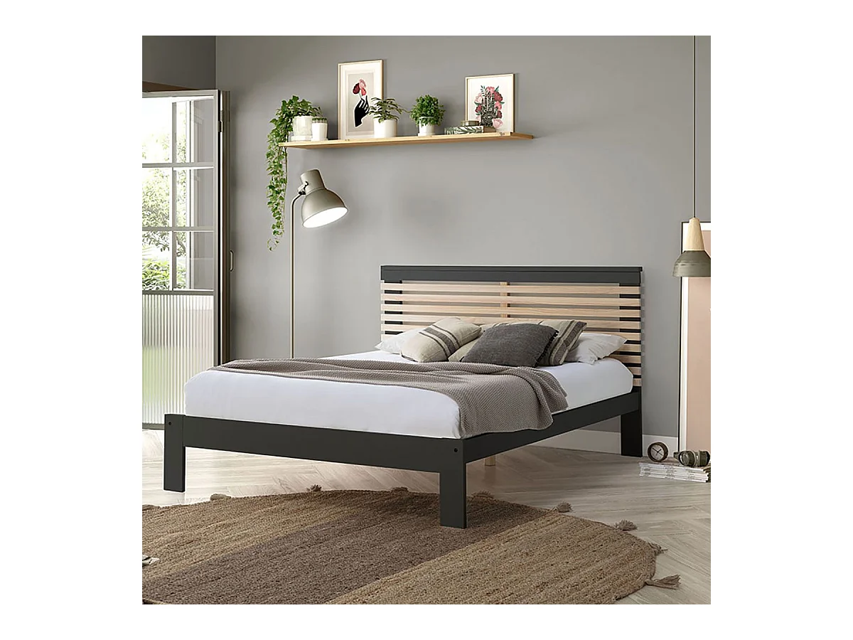 LAUPELL - Lit 140x190cm + Tête de Lit Gris Anthracite et Naturel