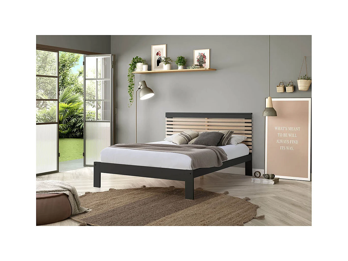 LAUPELL - Lit 140x190cm + Tête de Lit Gris Anthracite et Naturel