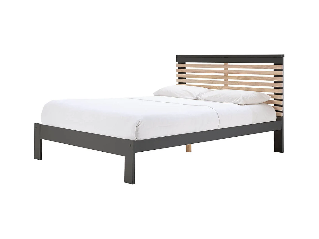 LAUPELL - Lit 140x190cm + Tête de Lit Gris Anthracite et Naturel