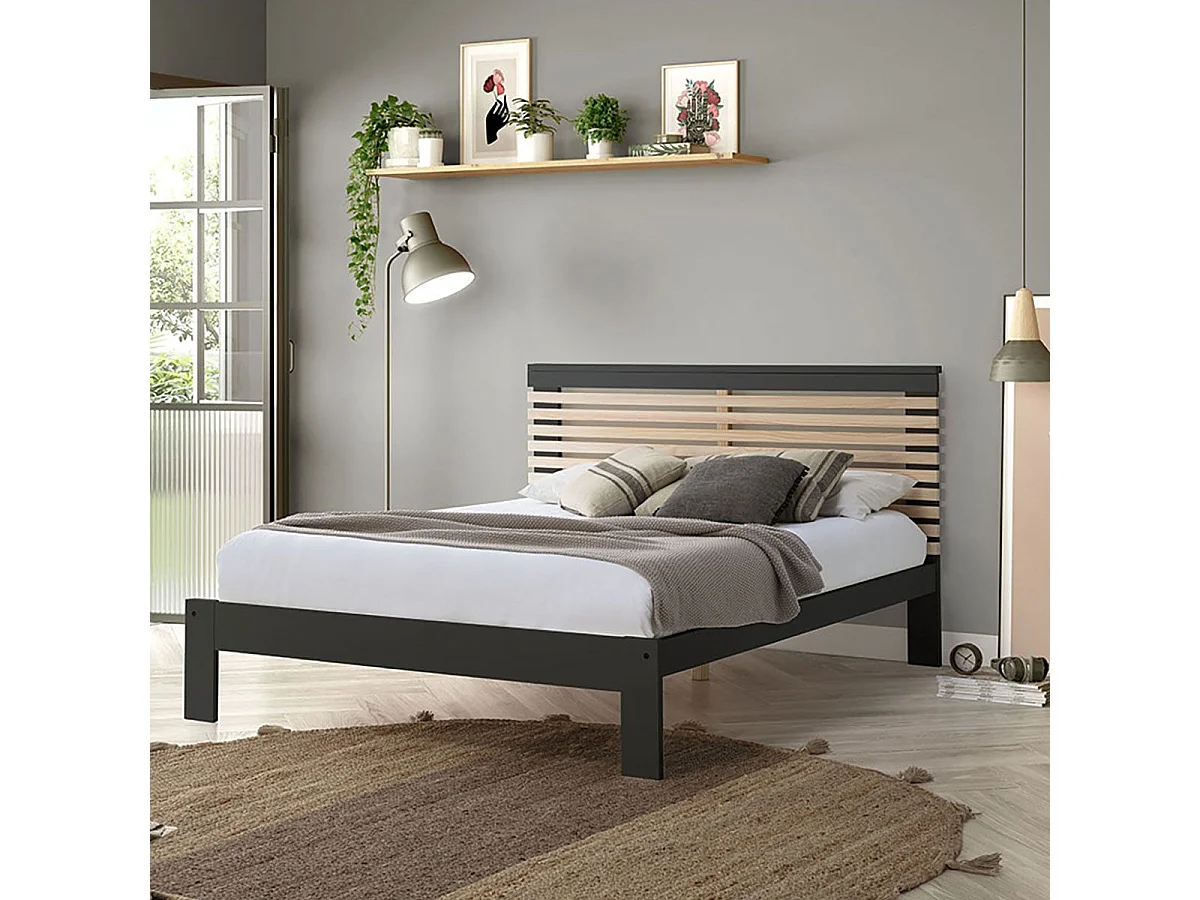 LAUPELL - Lit 140x190cm + Tête de Lit Gris Anthracite et Naturel