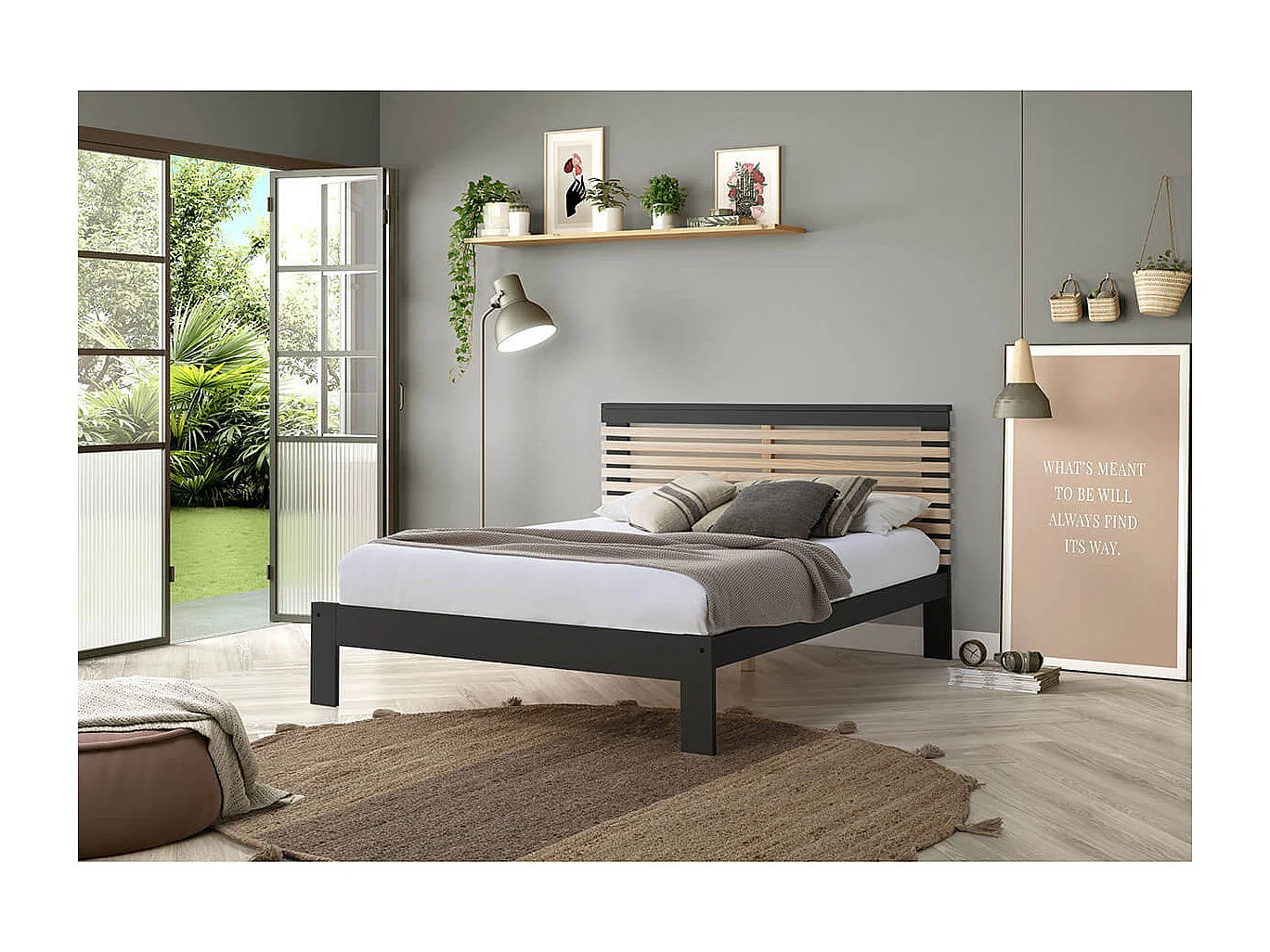 LAUPELL - Lit 140x190cm + Tête de Lit Gris Anthracite et Naturel