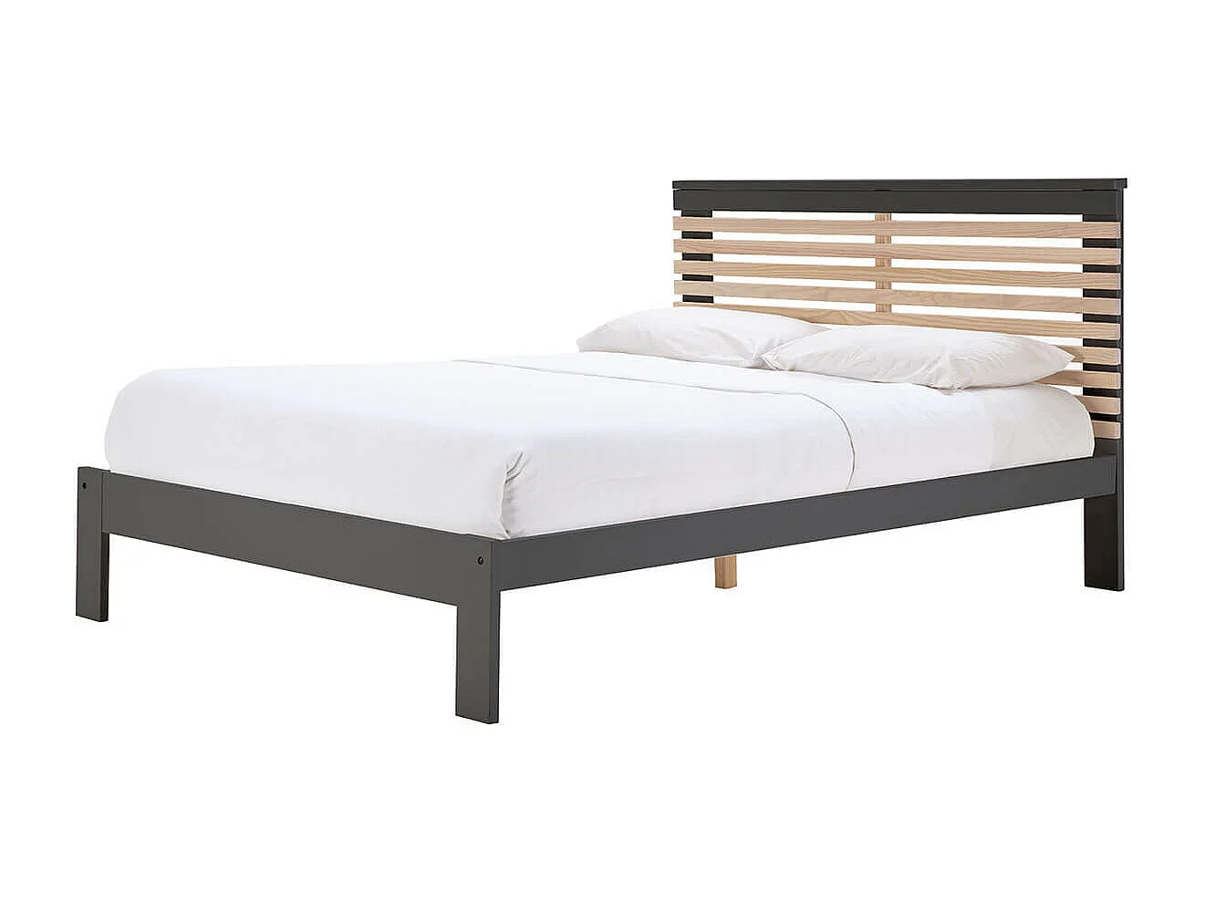 LAUPELL - Lit 140x190cm + Tête de Lit Gris Anthracite et Naturel