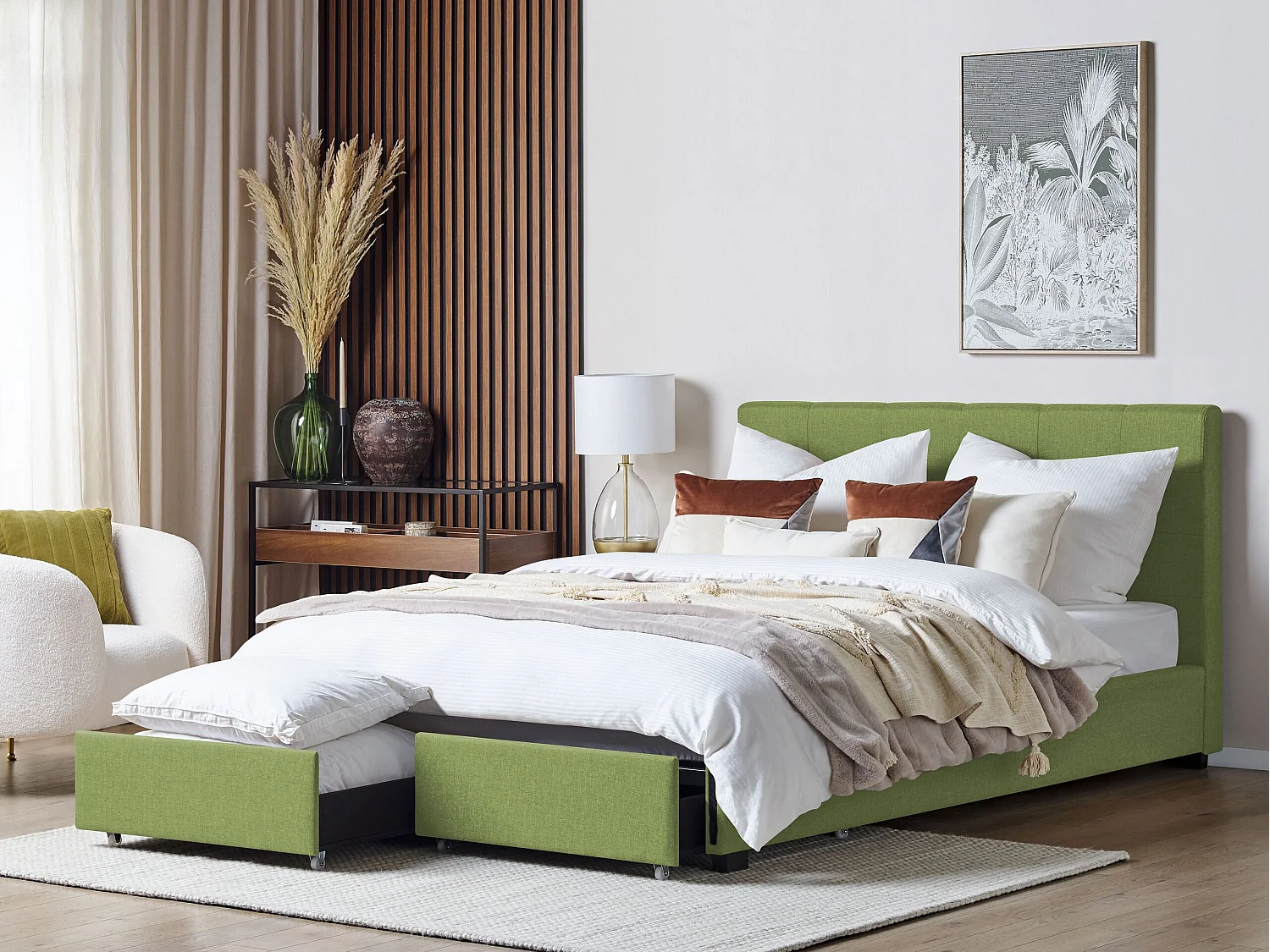 Lit avec tiroirs de rangement Tissu LA ROCHELLE 180 x 200 cm Vert
