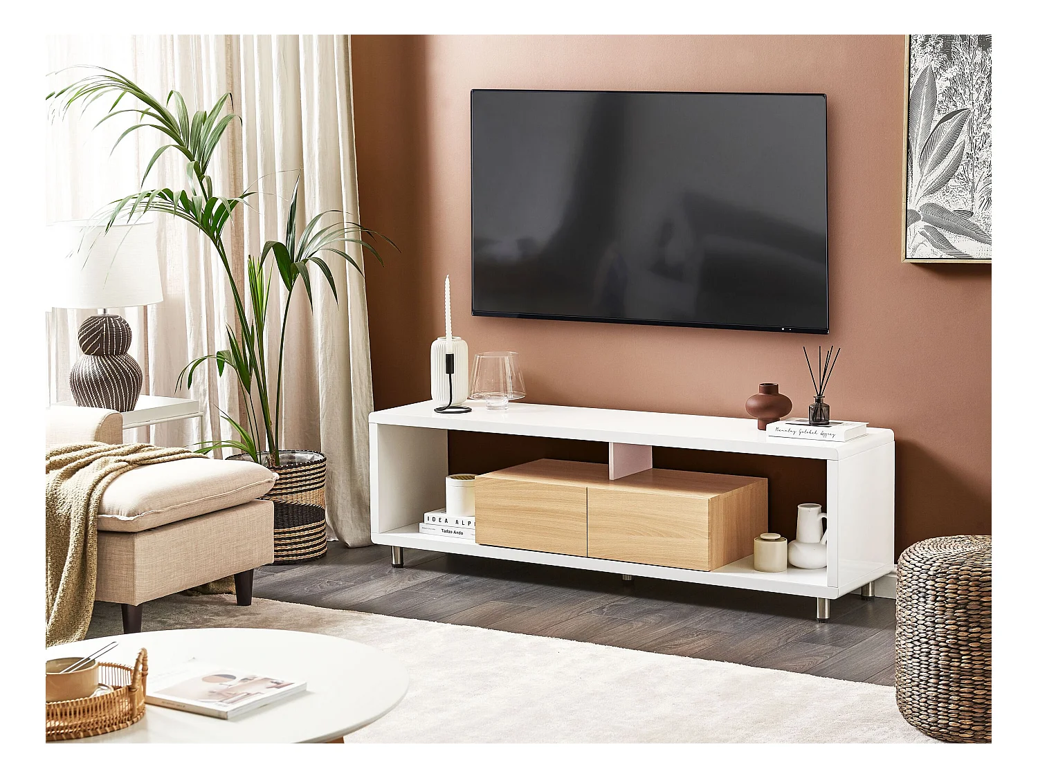 TV-Schrank Holzoptik / weiß Hochglanz 159 cm 2 Schubladen 2 Regale Modern Knox