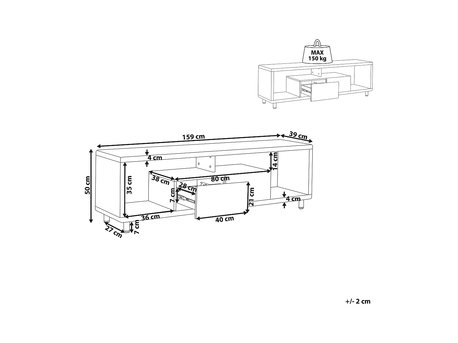 TV-Schrank Holzoptik / weiß Hochglanz 159 cm 2 Schubladen 2 Regale Modern Knox