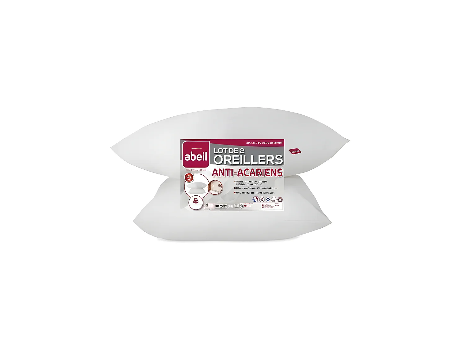 ABEIL Lot de 2 Oreillers Anti-Acarien - 60 x 60 cm - Blanc
