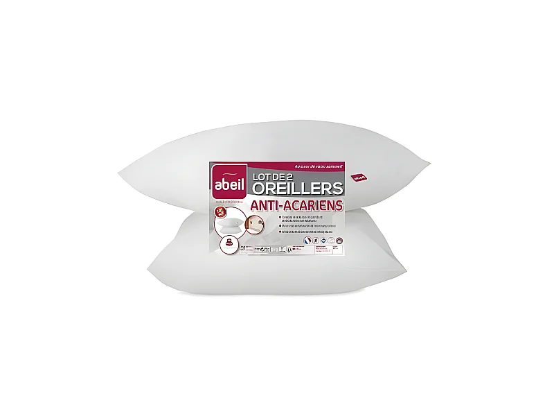 ABEIL Lot de 2 Oreillers Anti-Acarien - 60 x 60 cm - Blanc