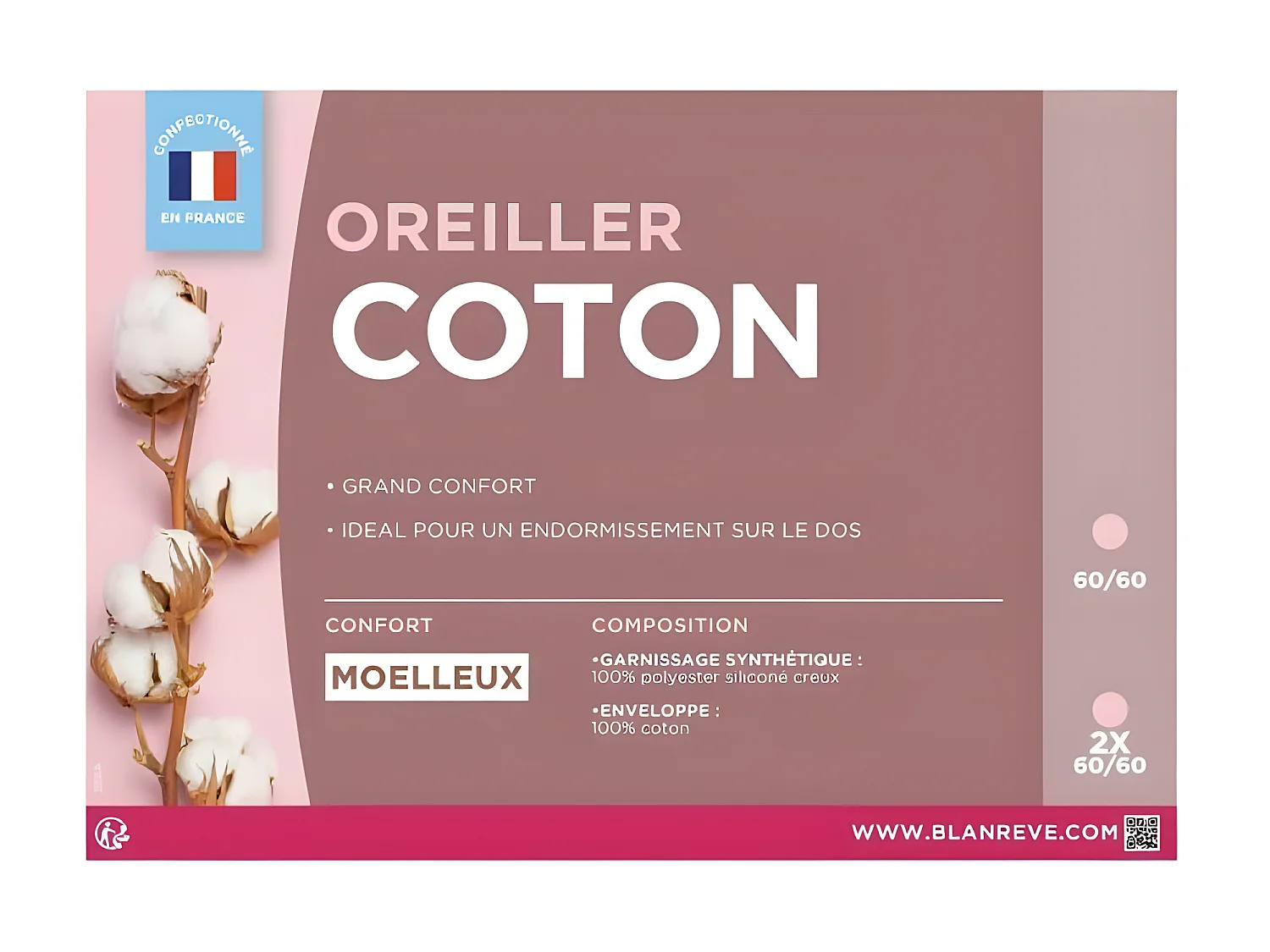 BLANREVE Lot de 2 Oreillers en coton - 60 x 60 cm - Blanc