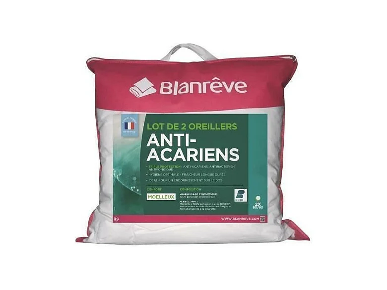 BLANREVE Lot de 2 Oreillers Triple Protection - 60 x 60 cm - Blanc