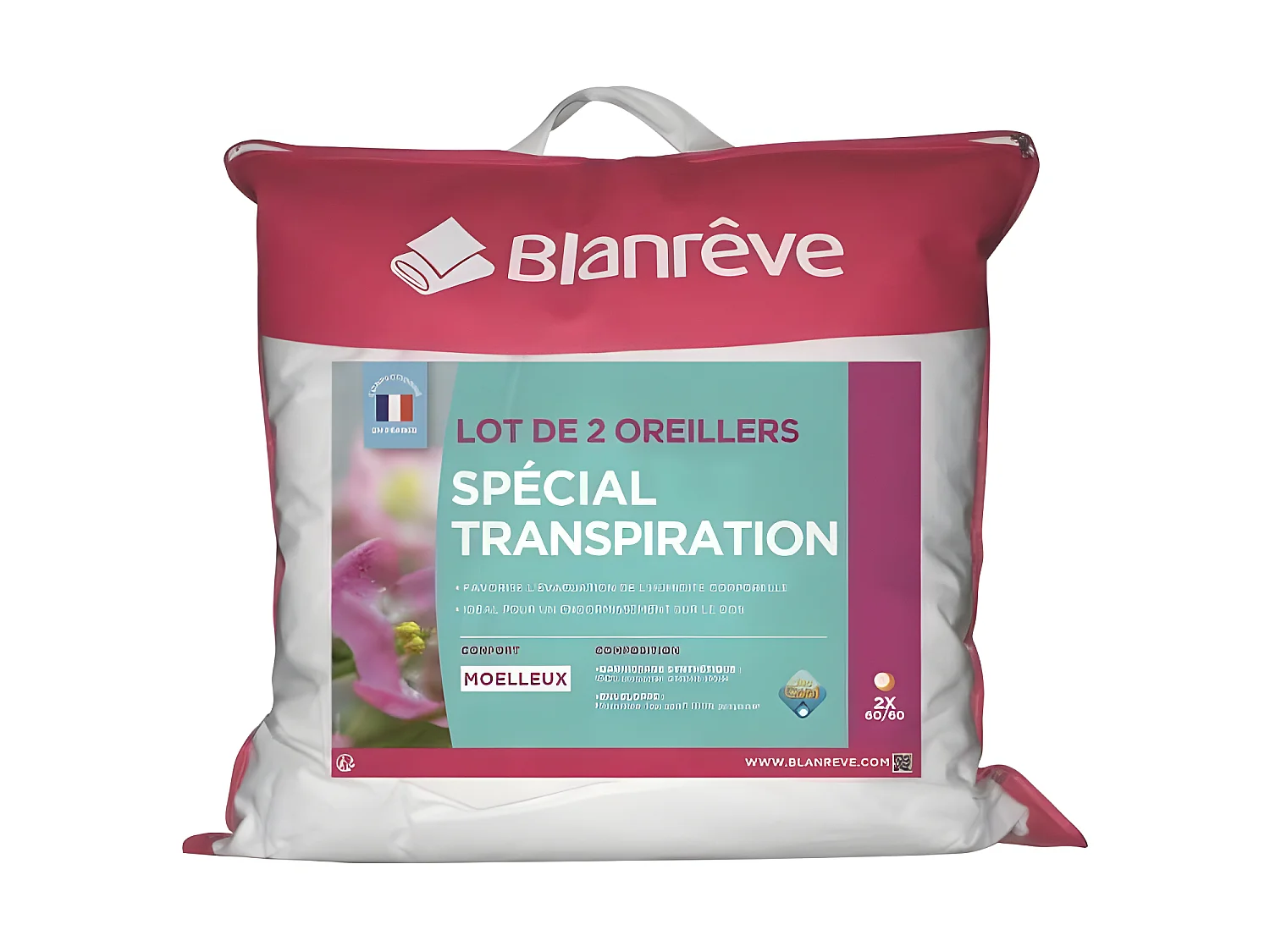 BLANREVE Lot de 2 Oreillers Special Transpiration - 60 x 60 cm - Blanc
