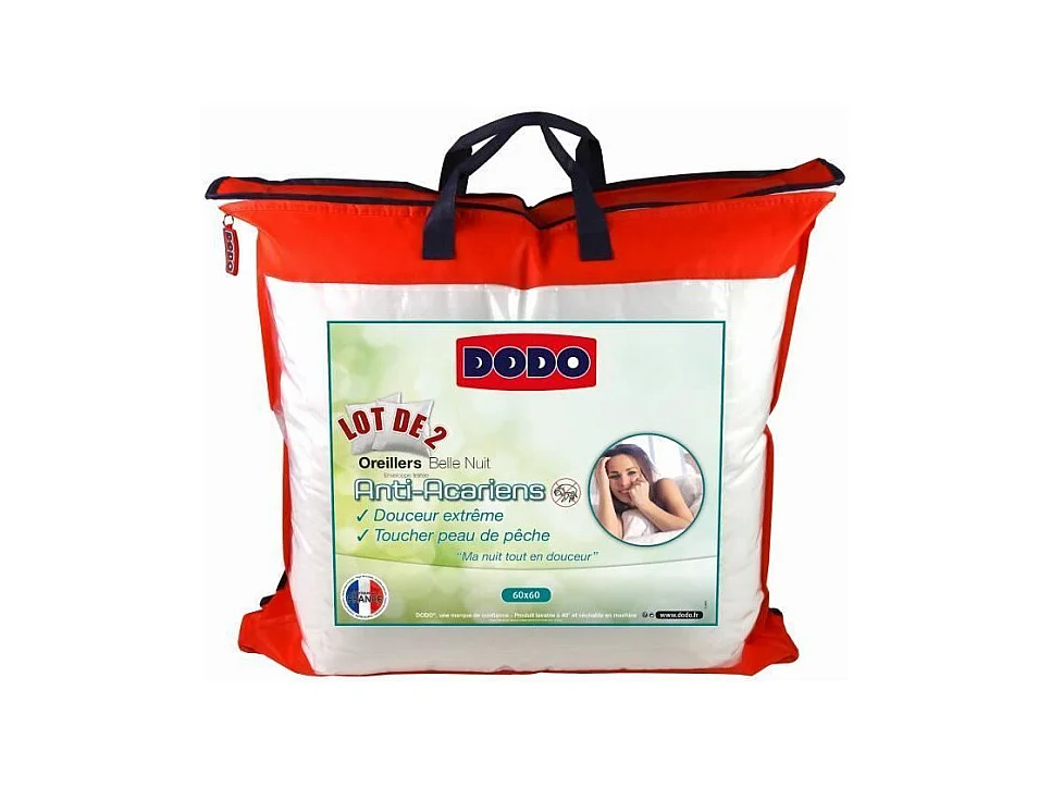 DODO Lot de 2 Oreillers Anti-Acariens Belle Nuit 60x60 cm blanc