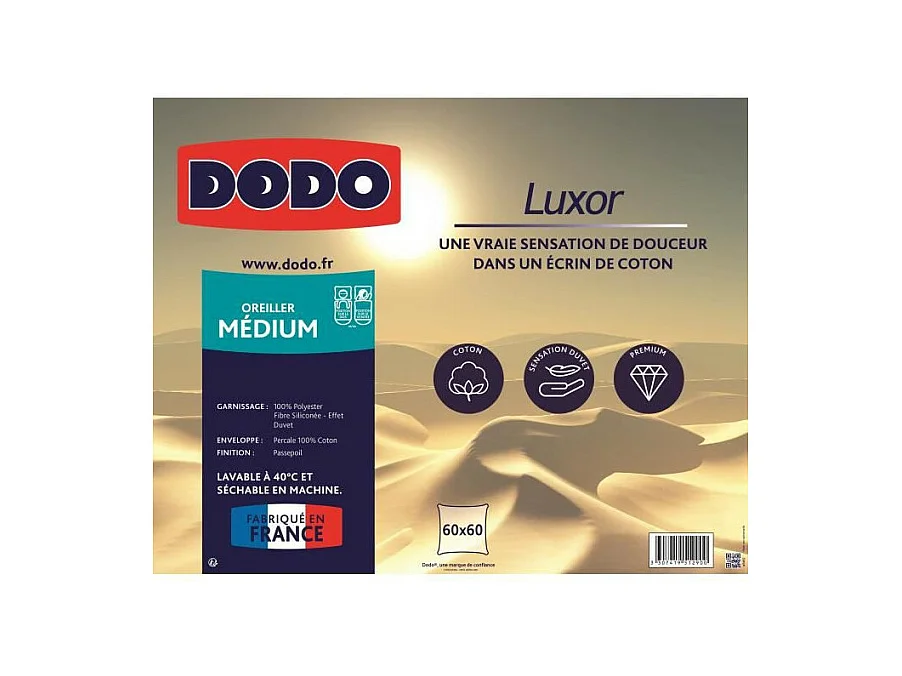 Almohada LUXOR 60x60 cm Efecto Plumón Uni DODO - Algodón Percal - Confort Medio - Textil Oeko-Tex