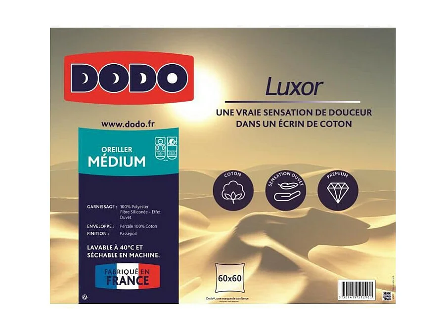 Kissen LUXOR 60x60 cm Daunen-Effekt Uni DODO - Perkal-Baumwolle - Mittlerer Komfort - Textil Oeko-Tex