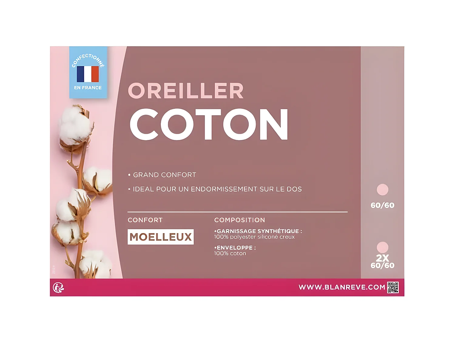 BLANREVE Oreiller en coton - 60 x 60 cm - Blanc