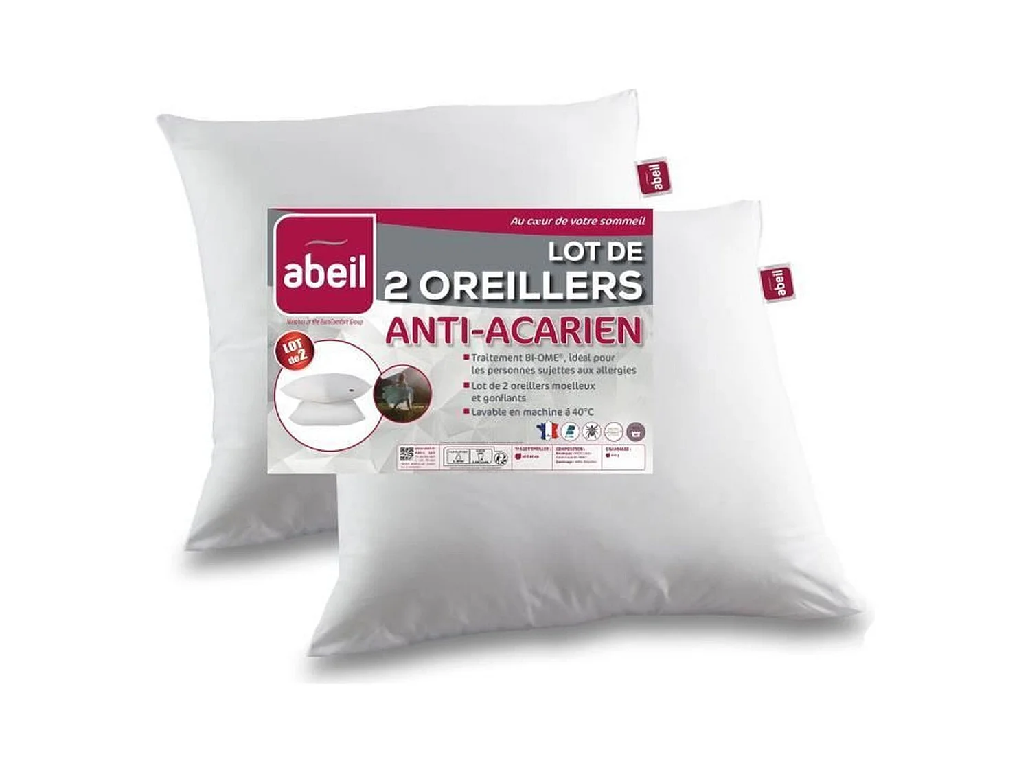 Set van 2 anti-allergene kussens 60 x 60 cm 100% katoen behandeld met biologisch - Abeil