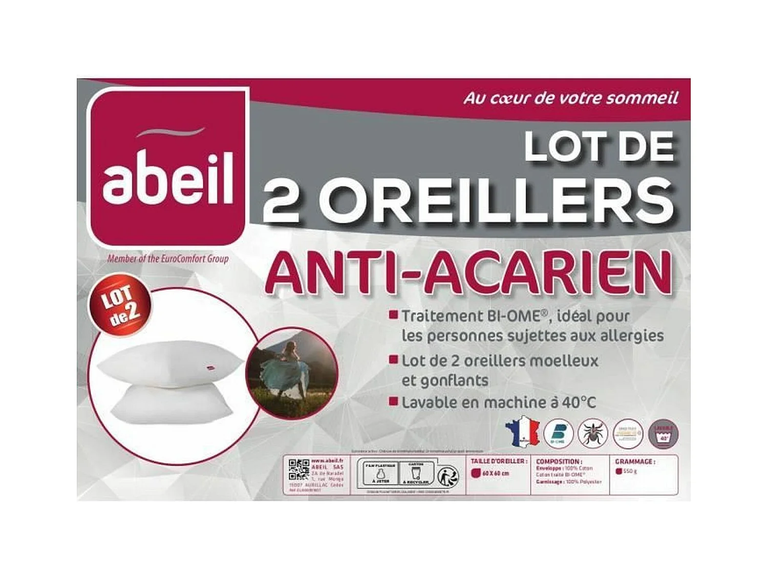 Lot de 2 oreillers anti-acariens - 60 x 60 cm - 100% coton traite Bio - ABEIL