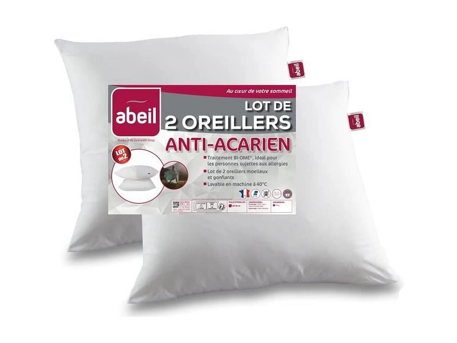 Lot de 2 oreillers anti-acariens - 60 x 60 cm - 100% coton traite Bio - ABEIL