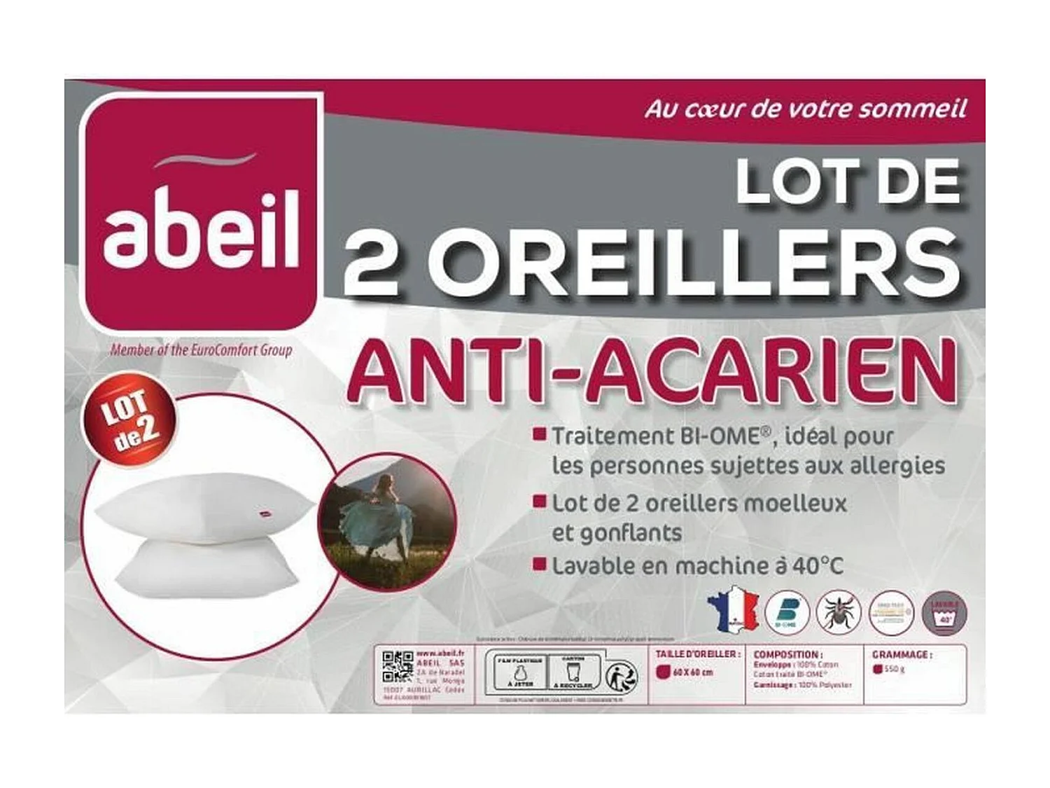Lot de 2 oreillers anti-acariens - 60 x 60 cm - 100% coton traite Bio - ABEIL