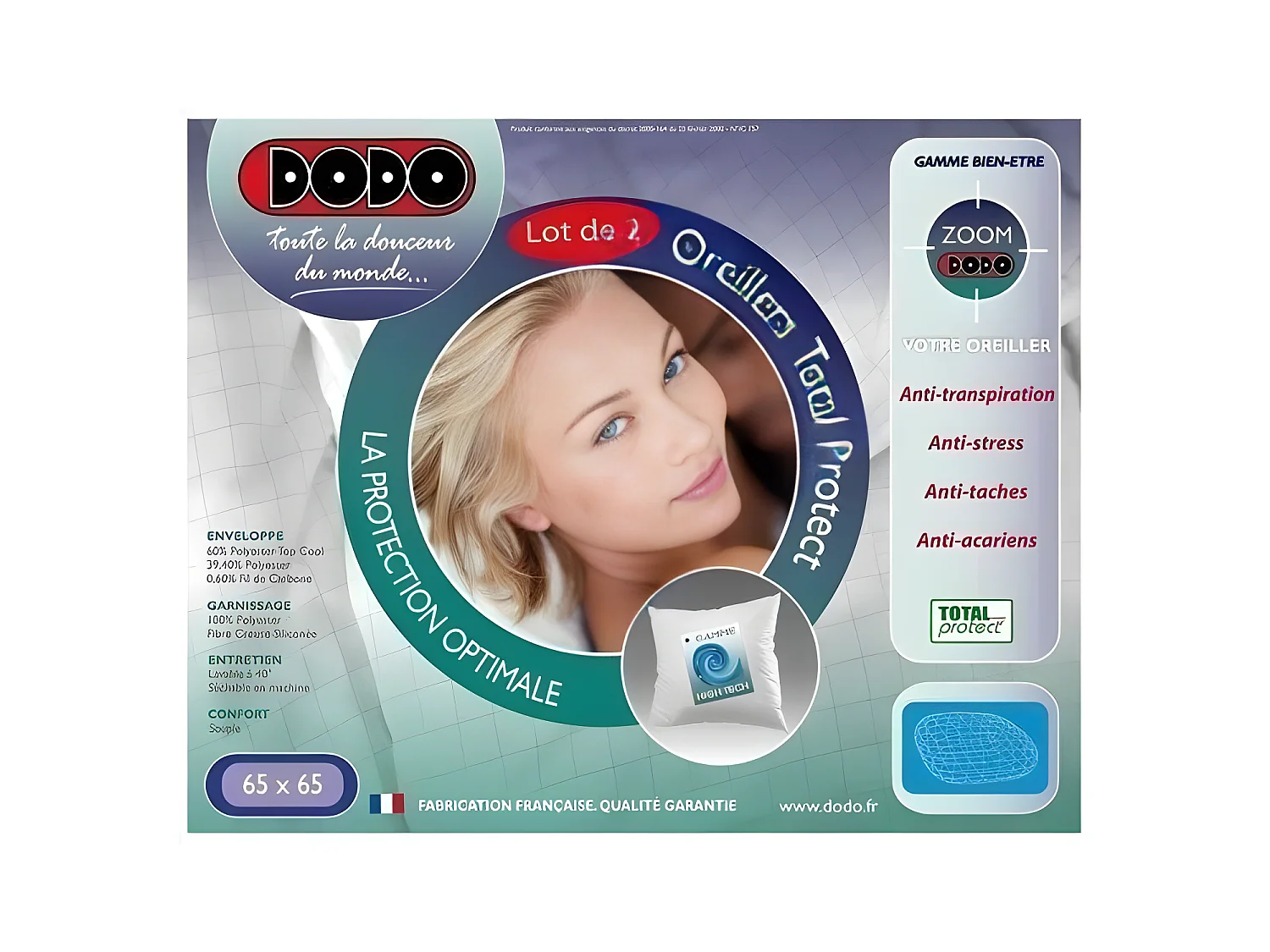 DODO Lot de 2 oreillers Total Protect 65x65 cm blanc