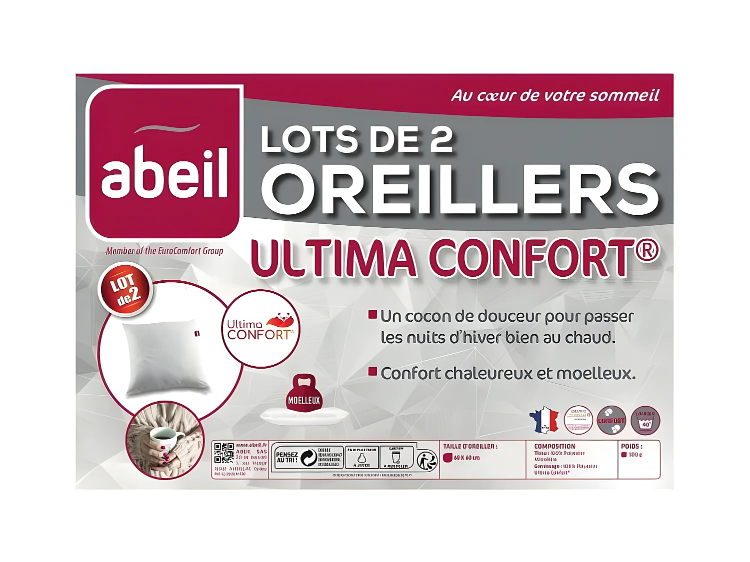 ABEIL Lot de 2 oreillers Ultima Confort - 60 x 60 cm