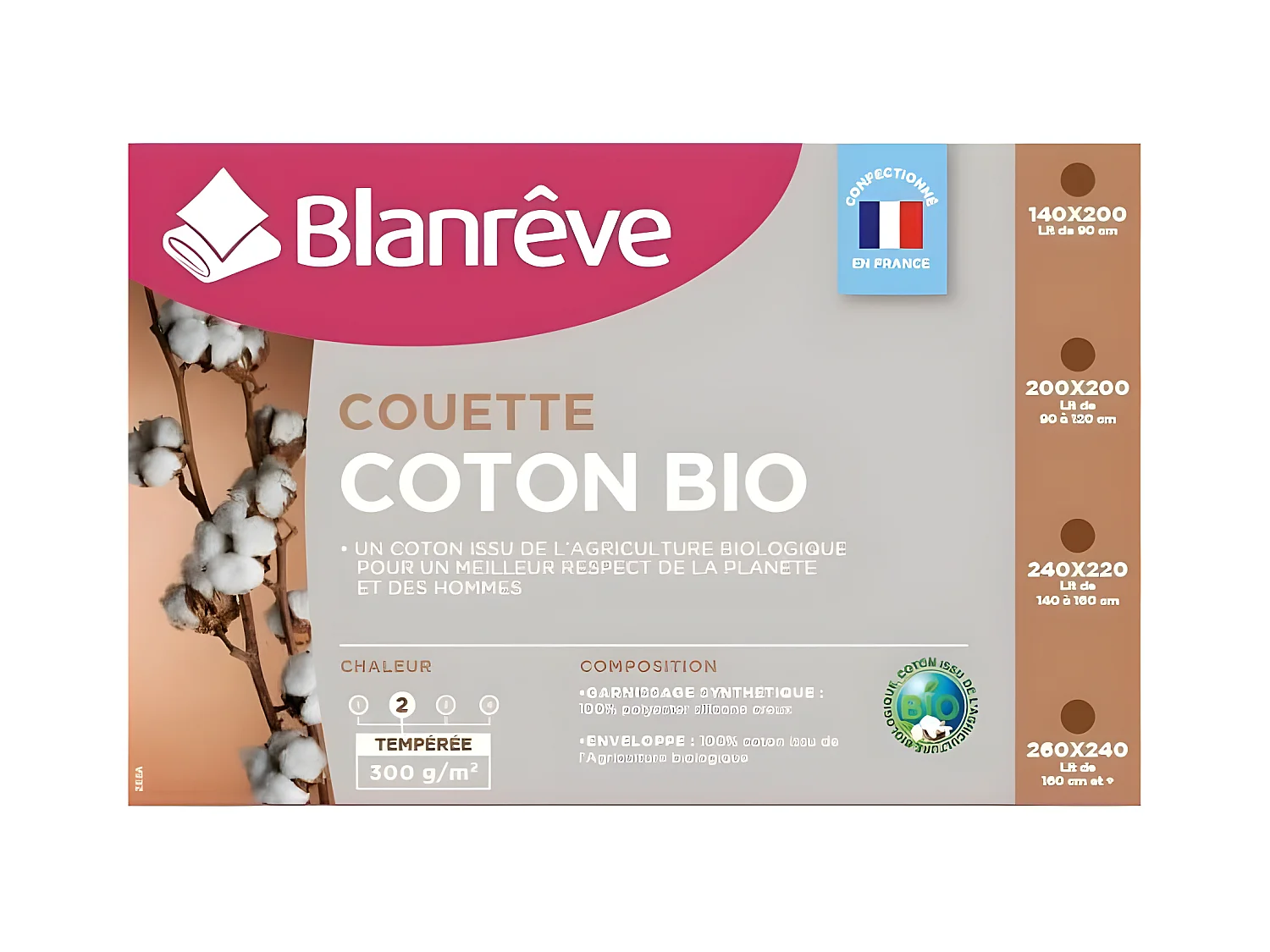 Piumone in cotone biologico 300g/m² 240x260cm BLANREVE