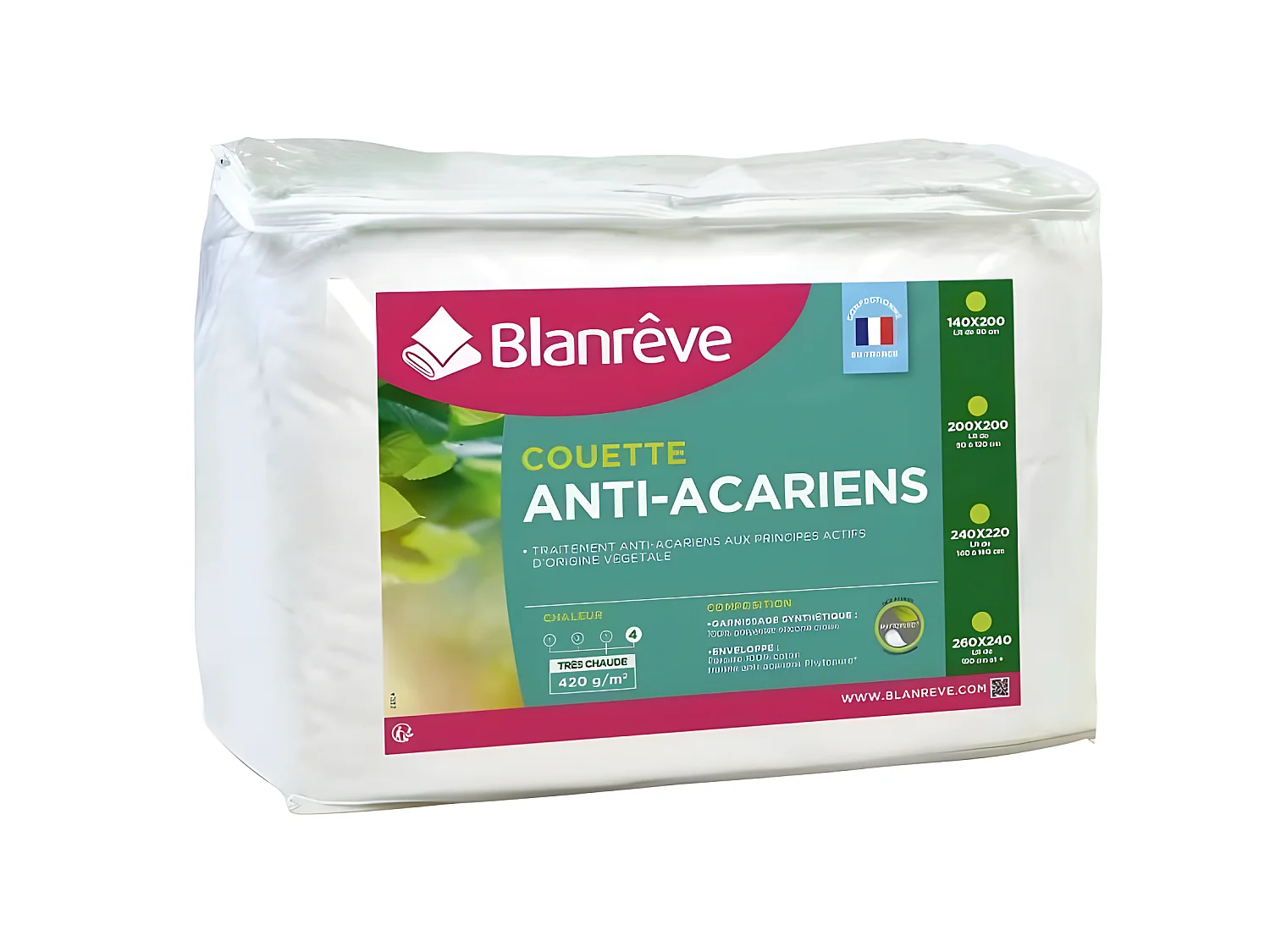 Zeer warm dekbed van percale anti-mijt 420g/m² 140x200cm