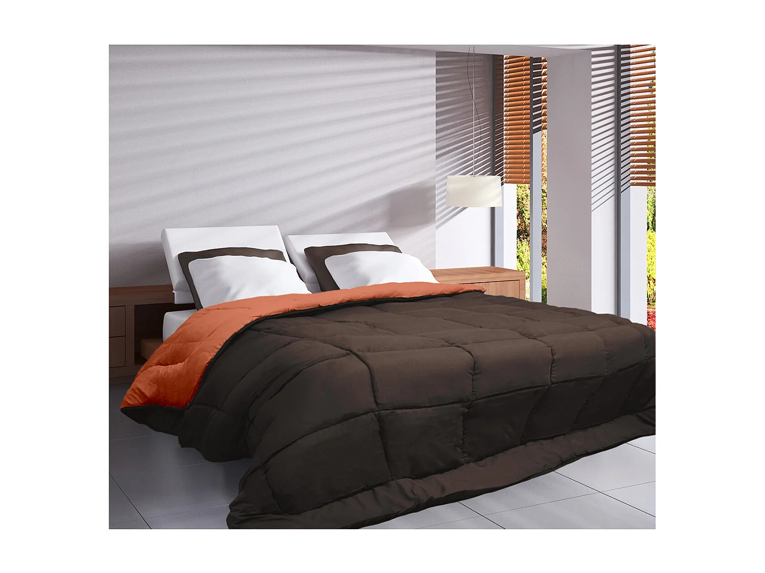 Couette chaude Microfibre 400 gr/m2 CALGARY Chocolat + Corail 220x240cm