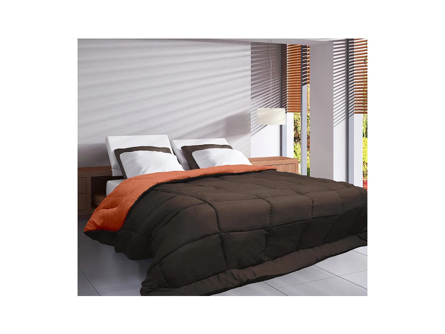 Couette Microfibre 400g/m2 CALGARY Chocolat & Corail 200x200cm