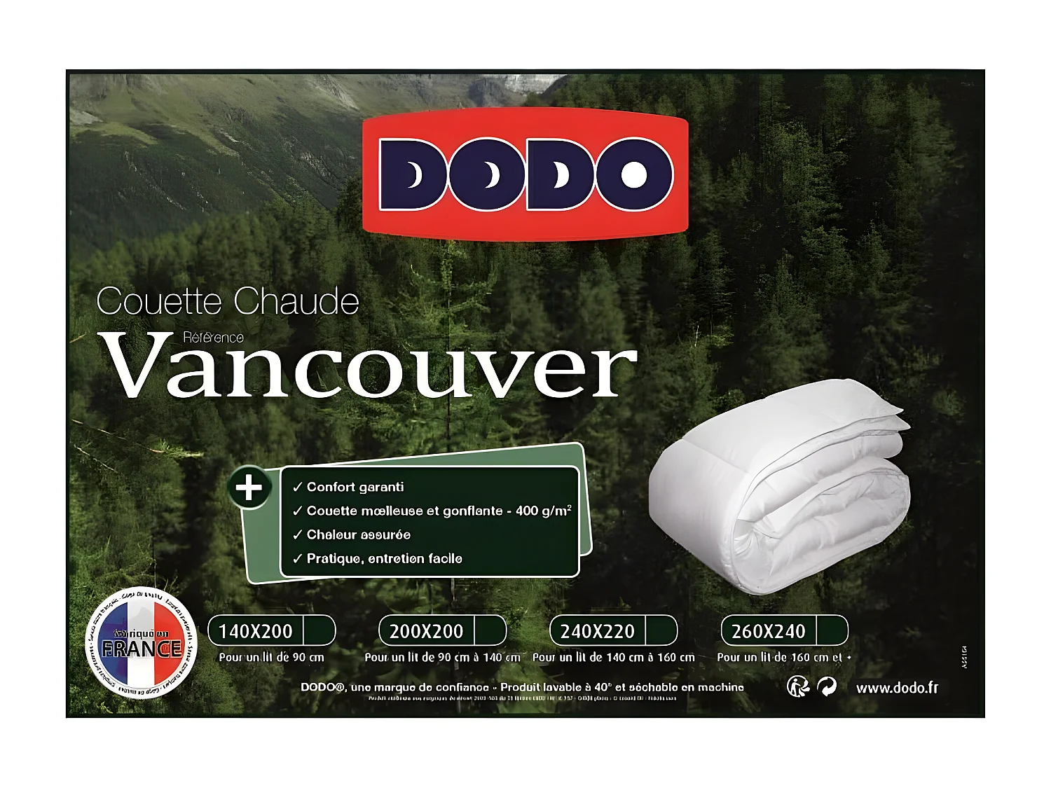 Couette chaude 400gr/m² VANCOUVER 140x200 cm blanc