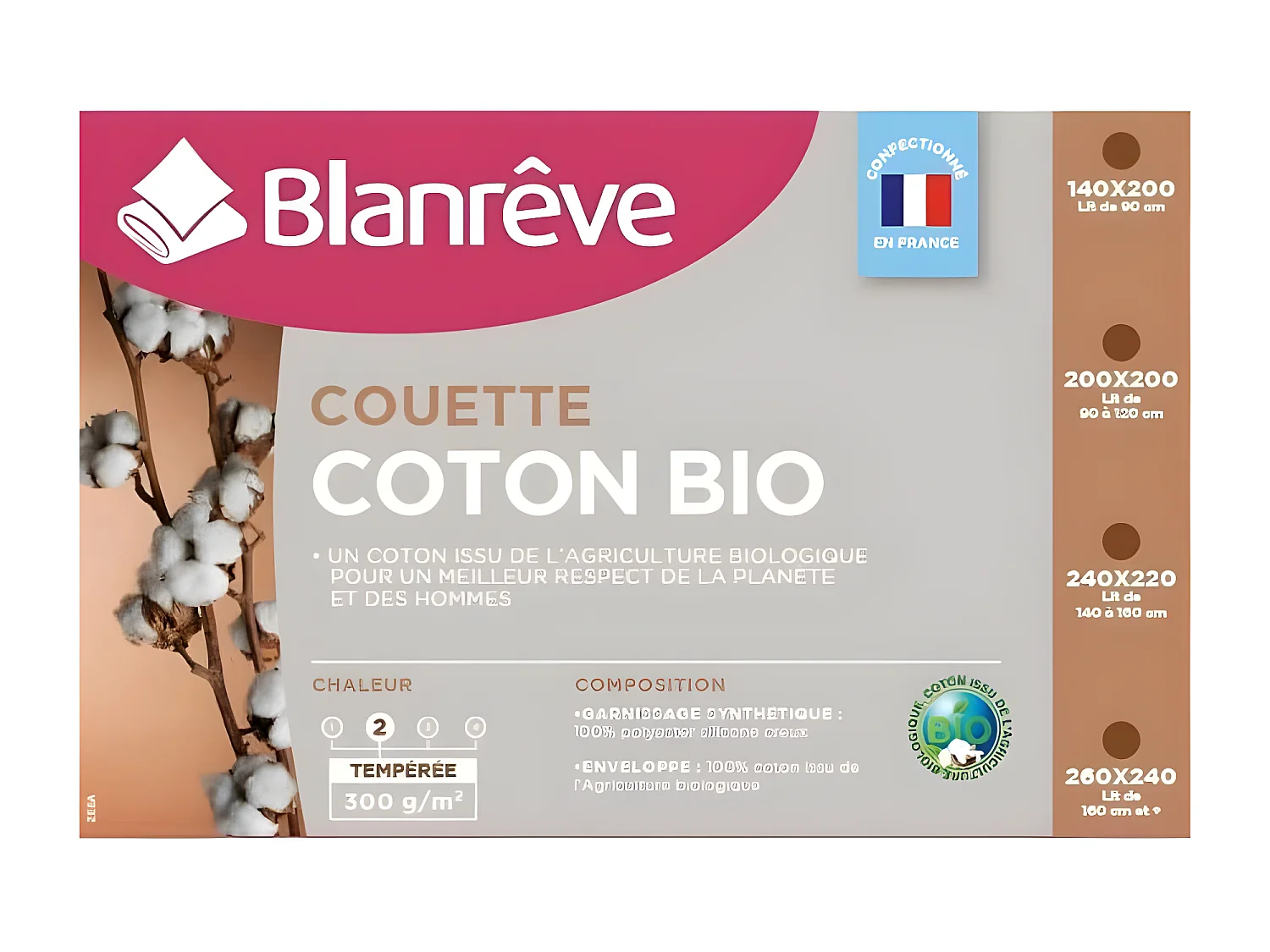 Couette tempérée Coton BIO - 300g/m² - 220x240cm