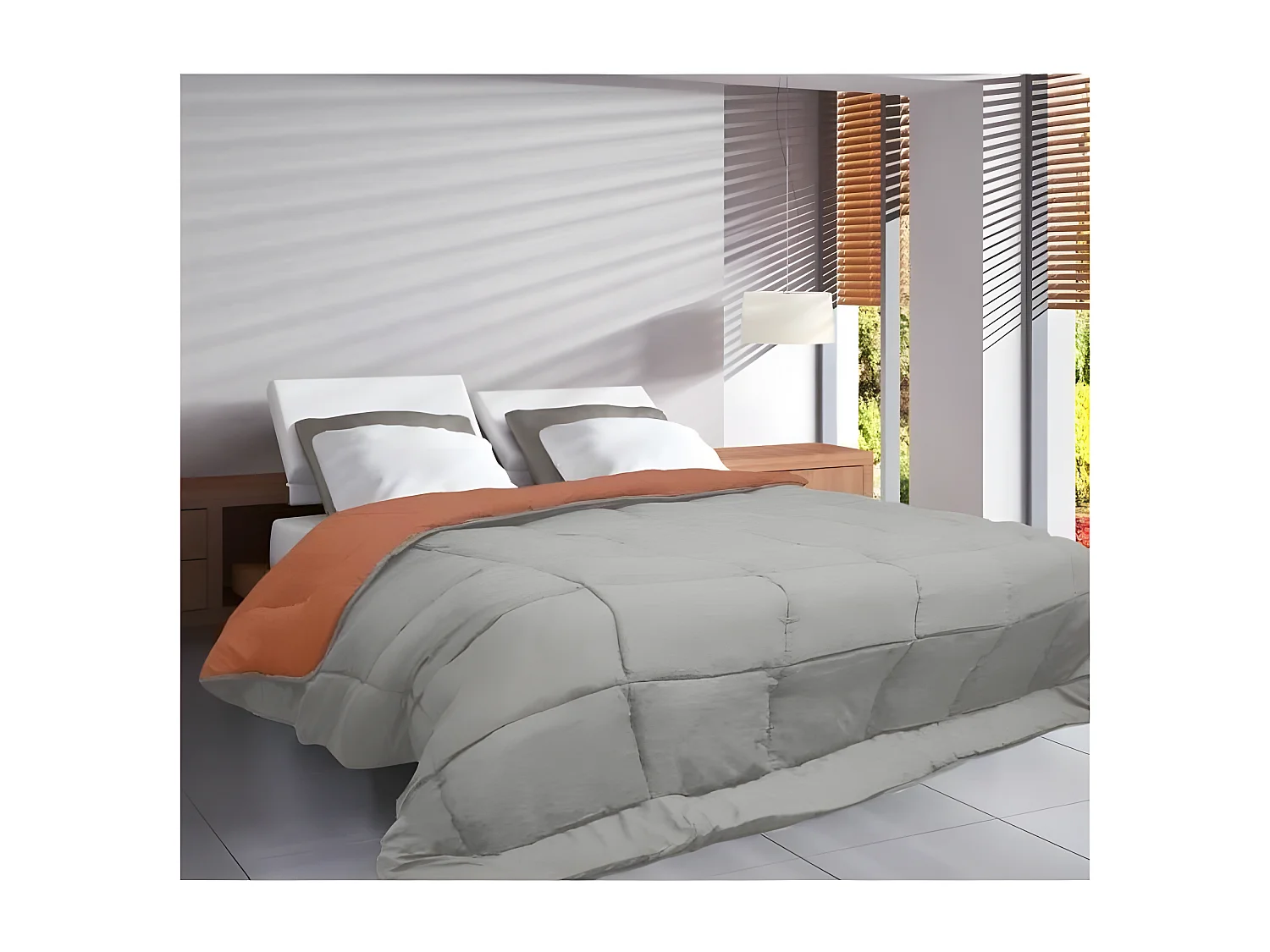 POYET MOTTE Couette Microfibre 400g/m2 CALGARY - 240 x 260 cm - Gris galet et Marron gimgembre