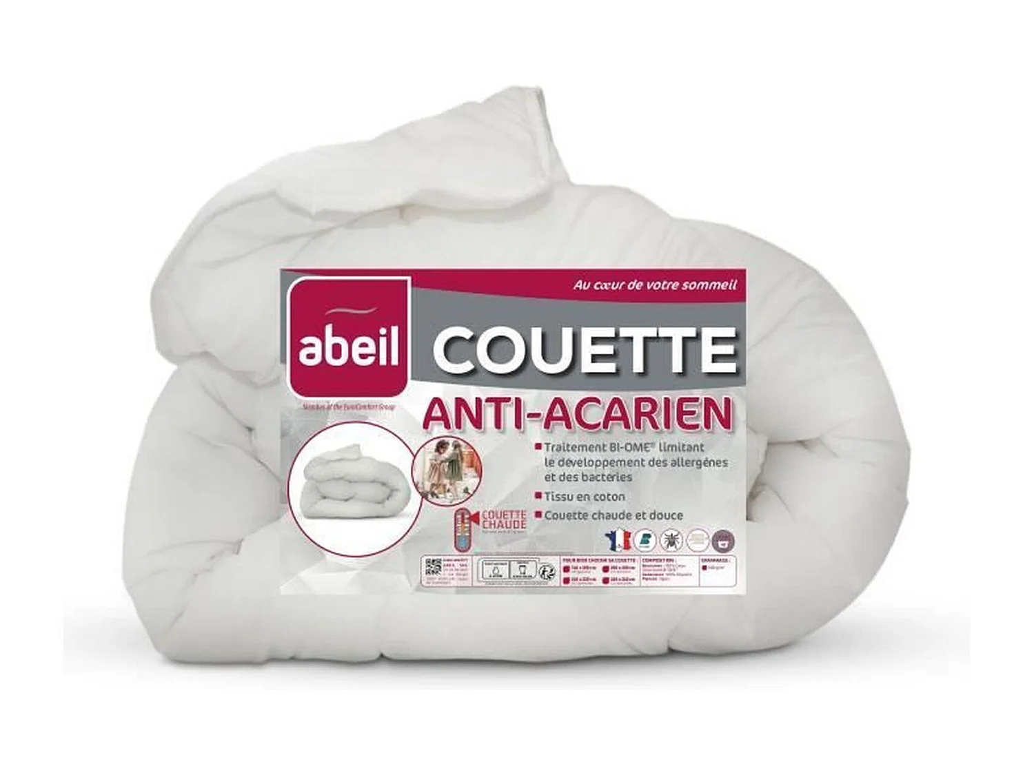 Couette anti-acariens - 220 x 240 cm - Chaude - 400 g/m2 2 personnes - Blanc - ABEIL