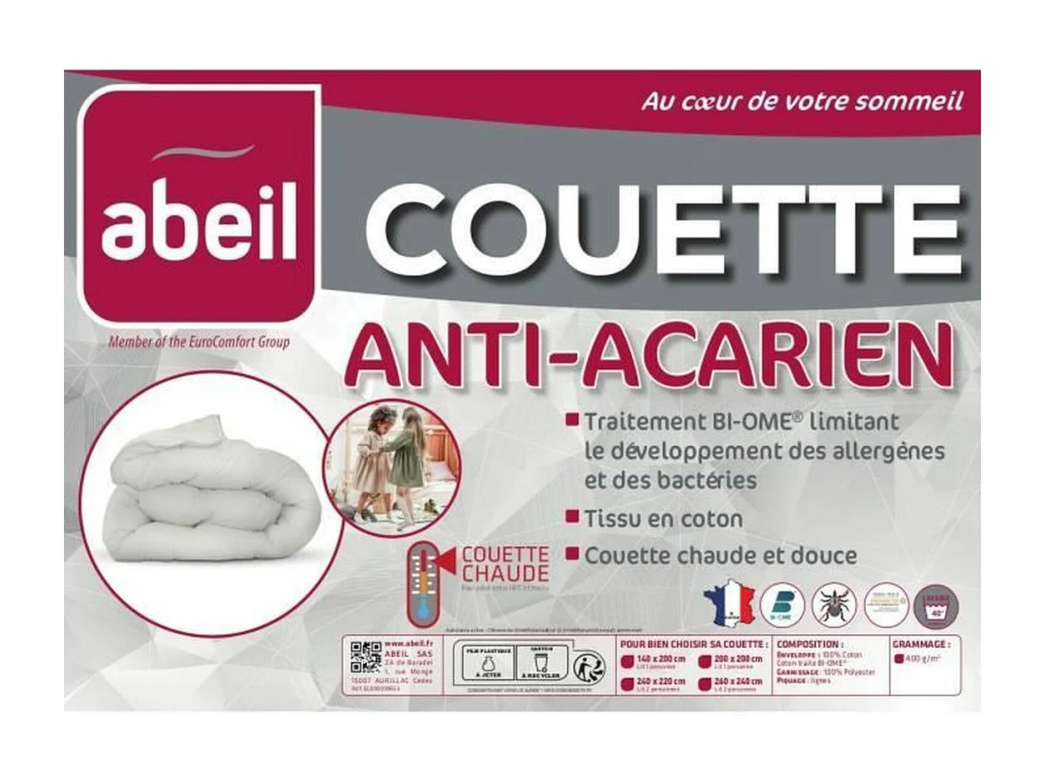Couette anti-acariens - 220 x 240 cm - Chaude - 400 g/m2 2 personnes - Blanc - ABEIL
